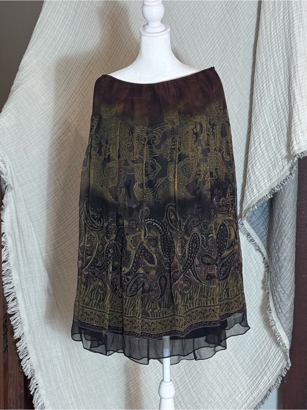 Gold-yellow Black and Brown Paisley Print Midi Skirt